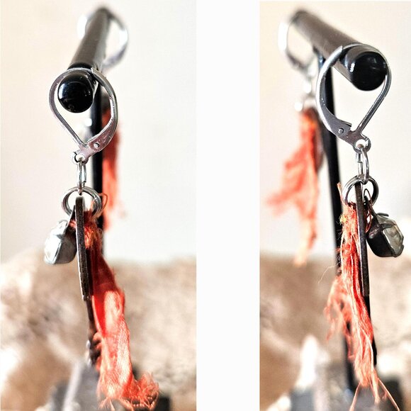 Vintage Rusty Key Earrings Rhinestones Sari Silk Silver Stainless Steel Findings - Picture 9 of 11